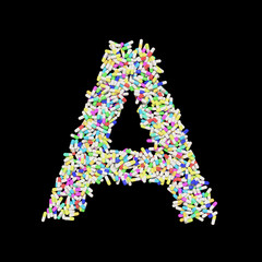Colorful Capsule Pill Font Letter A 3D Rendered on Black
