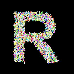 Colorful Capsule Pill Font Letter R 3D Rendered on Black