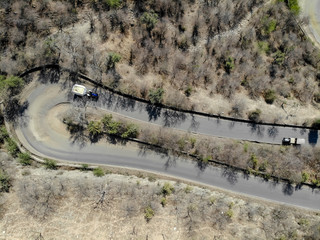 Aerial view of a road through dry forest