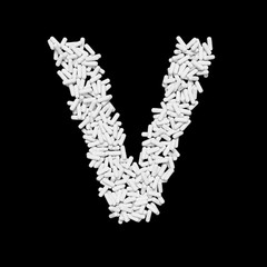 Fototapeta na wymiar White Capsule Pill Font Letter V 3D Rendered on Black