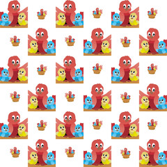 The Amazing of Cute Red Bird And 2 Baby Birds Illustration, Cartoon Funny Character, Pattern Wallpaper