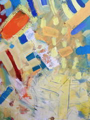 Vivid oil painting. Multicolor abstract art background. Color texture. Fragment of artwork. Blobs of paint. Brushstrokes of paint. Contemporary art. Modern artist. Colorful horizontal canvas.