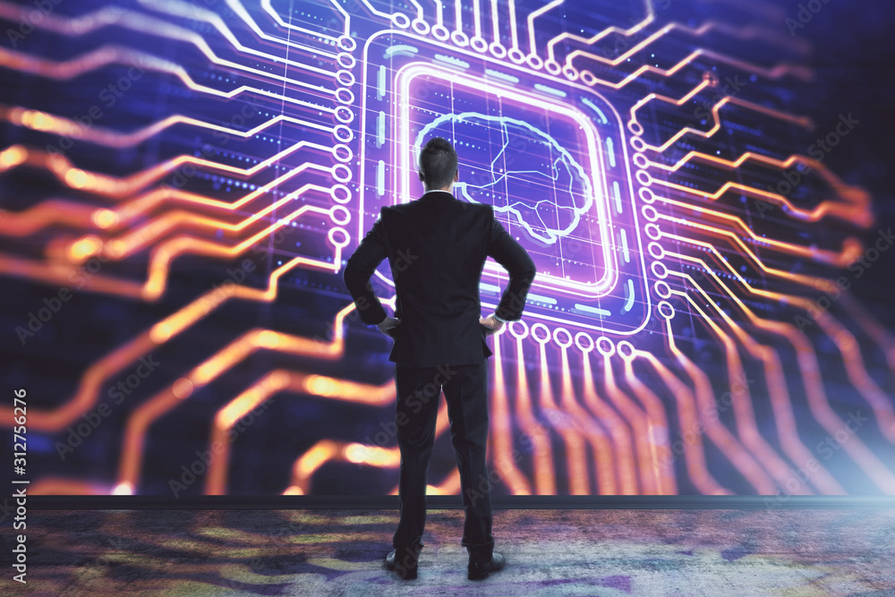 Poster man and brain icon hologram. double exposure. concept of data development