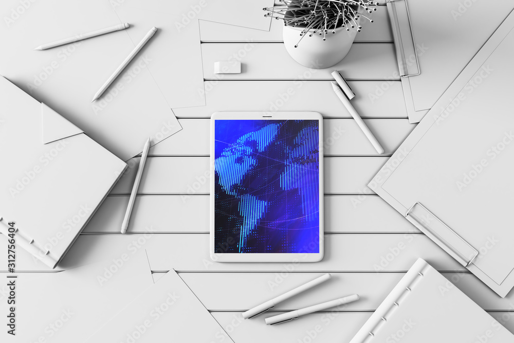 Aufkleber digital tablet closeup top view with world map on screen. online international trading concept. 3d r