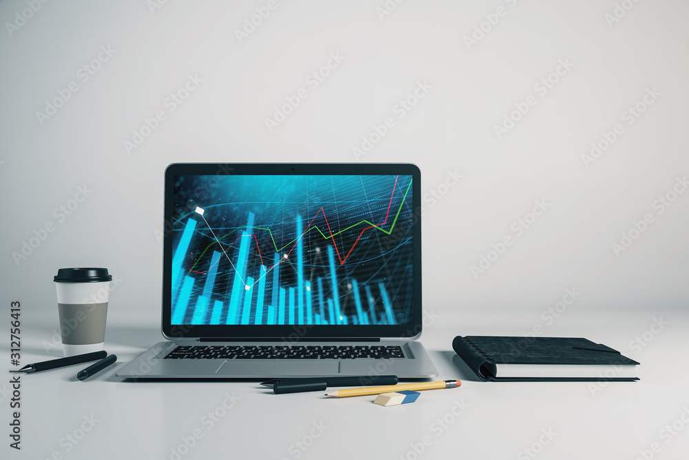 Aufkleber laptop closeup with forex graph on computer screen. financial trading and education concept. 3d rend