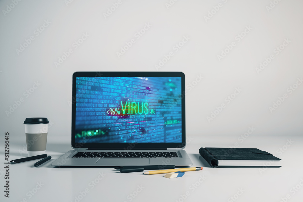 Poster laptop closeup with cyberpiracy drawing on computer screen. data safety concept. 3d rendering.