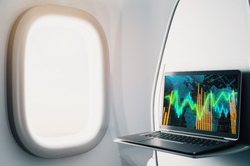 Laptop closeup inside airplane with forex graph and world map on screen. Financial market trading concept. 3d rendering.
