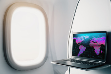 Laptop closeup inside airplane with world map on screen. International market trading concept. 3d rendering.