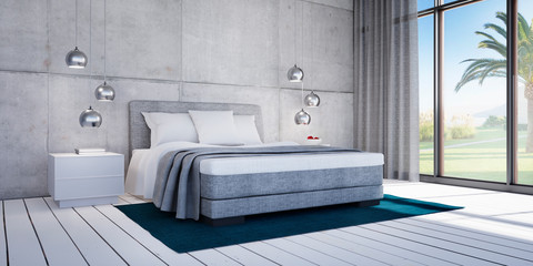 Fototapeta na wymiar Modern Loft with Bed - Modern Bedroom with garden view - 3D illustration