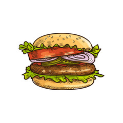 Hamburger burger with beef chop green lettuce leaves, tomatoes and onions isolated vector sketch