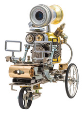 Steampunk robot. Cyberpunk style. Chrome and bronze parts.