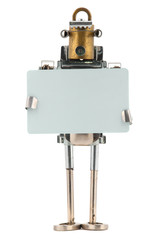 Steampunk robot holding a card. Cyberpunk style. Chrome and bronze parts.