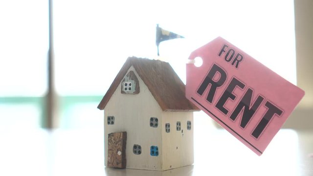 Miniature Home for rent mortgage of fee concept: DIY pink model Driftwood with tag paper "For Rent" indicate for needs of renting house for people who do not have homeowner,real estate investment idea