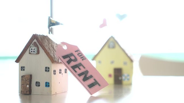 Miniature Home for rent mortgage of fee concept: DIY pink model Driftwood with tag paper "For Rent" indicate for needs of renting house for people who do not have homeowner,real estate investment idea