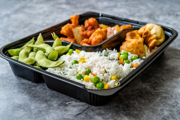 Take Away Japanese Food Bento Box Menu Set with Chicken, Fried Dumplings, Edamame and Rice with Vegetables in Plastic Box Package / Container.