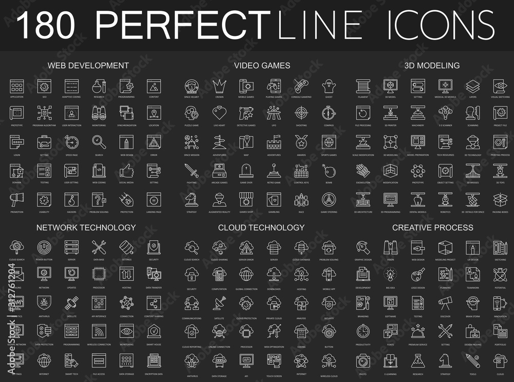 Poster 180 modern thin line icons set on dark black background. Web development, video games, 3d modeling, network technology, cloud data technology, creative process isolated