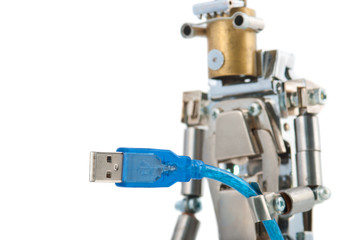 Steampunk robot. Cyberpunk style. Chrome and bronze parts. Isolated on white.