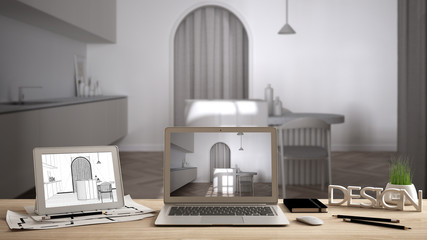 Architect designer desktop concept, laptop and tablet on wooden desk with screen showing interior design project and CAD sketch, blurred draft in the background, modern kitchen