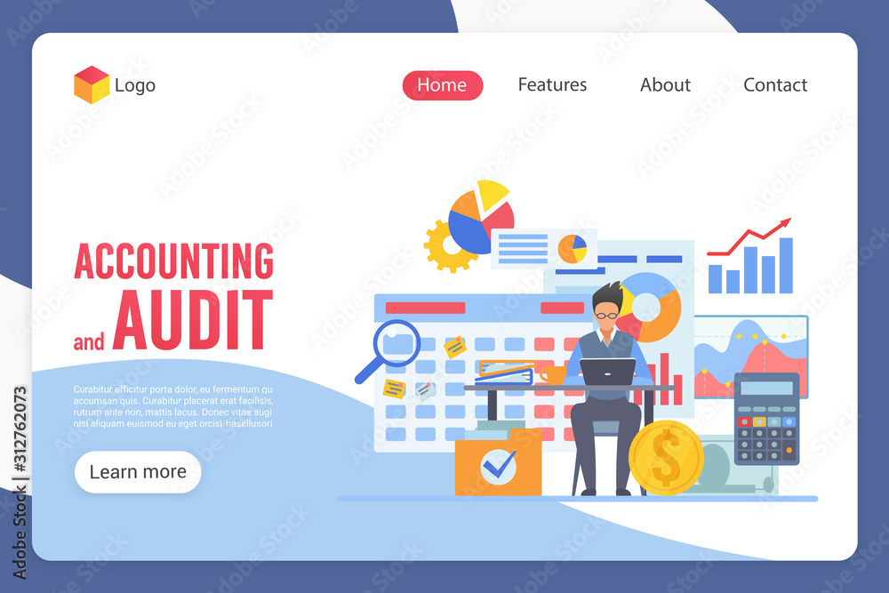 Poster Accounting and audit landing page vector template. Bookkeeping website interface idea with flat illustrations. Banking homepage layout. Online finance advisor web banner, webpage cartoon concept