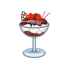 Sundae ice cream in glass cup isolated. Vector chocolate and vanilla dessert with raspberries, wafer sticks