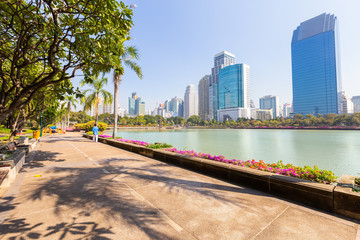 Cityscape of the office building at Benchakitti park in the morning at Bangkok, Thailand. Tall building with park in the capital , Thailand.