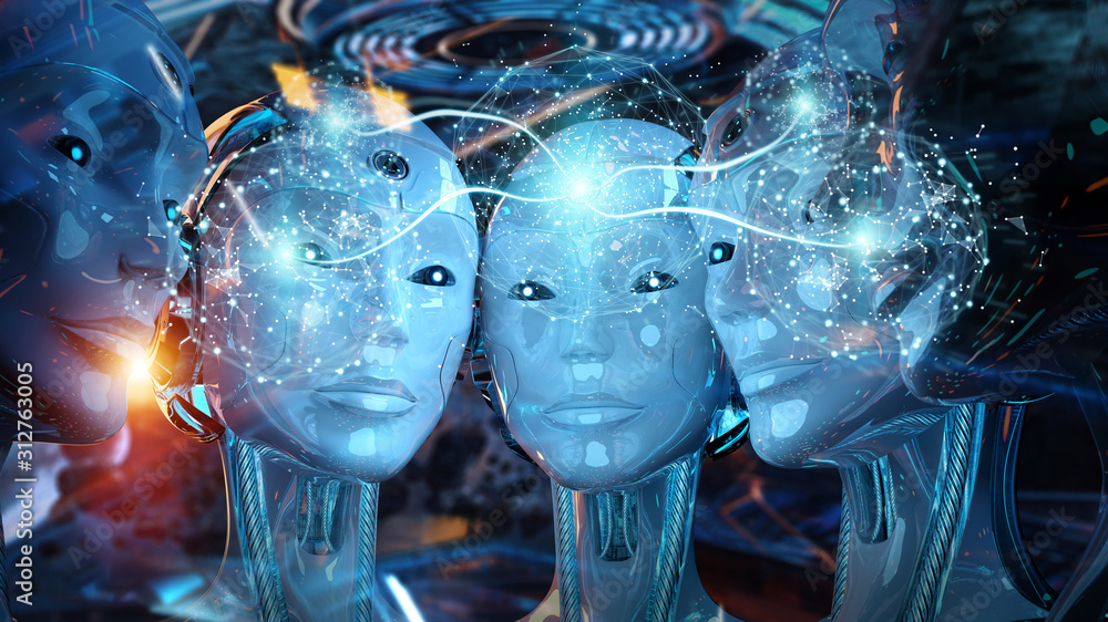 Poster group of female robots heads creating digital sphere network 3d rendering