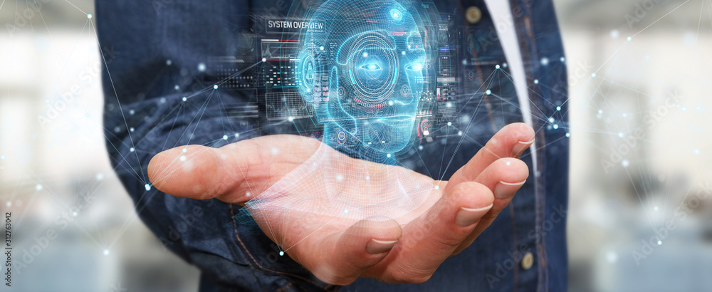 Poster businessman using digital artificial intelligence head interface 3d rendering