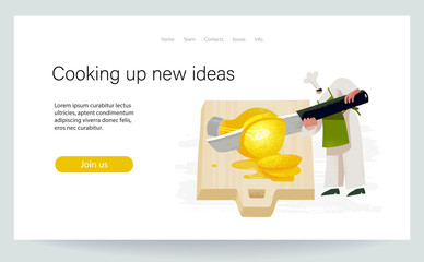 Cooking up new ideas. Chef comes up with recipe. Character slices bright bulb by big knife. Landing page, green and yellow colored conceptual vector illustration EPS 10 isolated on white © Mariia