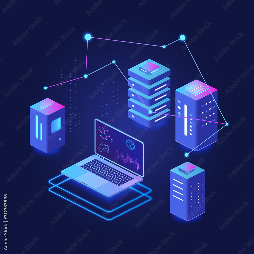 Aufkleber Big data processing dark isometric vector illustration. Digital information distribution. Computer system networking. Hosting and server. Virtual platform. Database cartoon conceptual design element