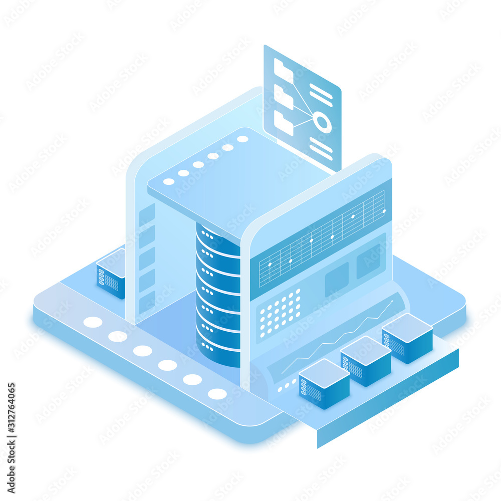 Poster Big data technology isometric vector illustration. Data center. Mainframe and information storage technology. Workstation, domain. Hosting and server. Database cartoon conceptual design element
