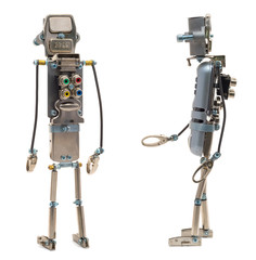 Steampunk robot. Two sides. Cyberpunk style. Chrome and bronze parts. Isolated on white.