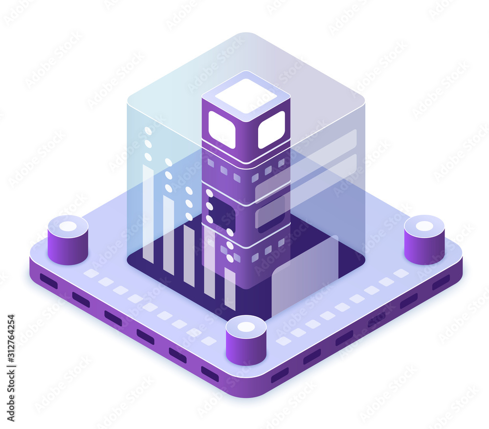 Leinwandbilder Blockchain technology isometric vector illustration. Innovative electronic computer tech. Database for information. Virtual platform. Server hardware. Datacenter cartoon conceptual design element
