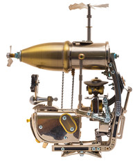 Steampunk robot. Cyberpunk style. Chrome and bronze parts.