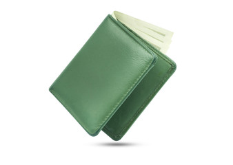Close-up of Wallet green color genuine leather texture with banknotes and credit card inside...