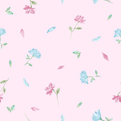 Blue and pink little flowers watercolor painting - seamless pattern on rosy background