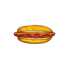 Hotdog sketch isolated bun and sausage with ketchup. Vector fastfood hot dog with frankfurter