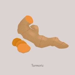 Whole turmeric root and sliced on a gray background. Turmeric is fragrant spices, seasoning for food.