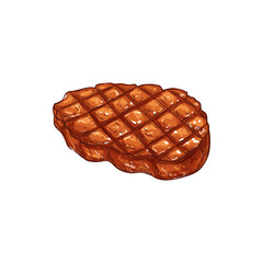 Barbecue steak sketch icon, grilled meat isolated vector. Cooked beef or pork, food