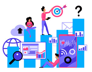 armes en ecommerce SMM flat vector illustration. Social media marketing service. Strategy planning. E-marketing company. Promotion campaign. Advertising process visualisation. Agency employees cartoon characters