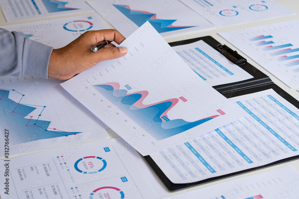 Poster businessman working calculate data document graph chart report marketing research development planni