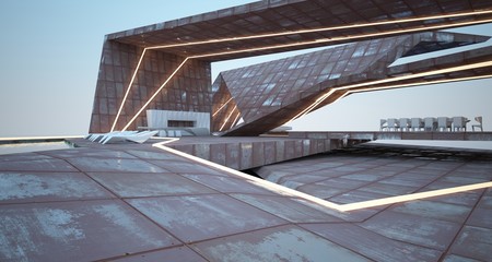 Fototapeta premium Abstract architectural concrete and rusted metal of a modern villa on the sea with swimming pool and neon lighting. 3D illustration and rendering.