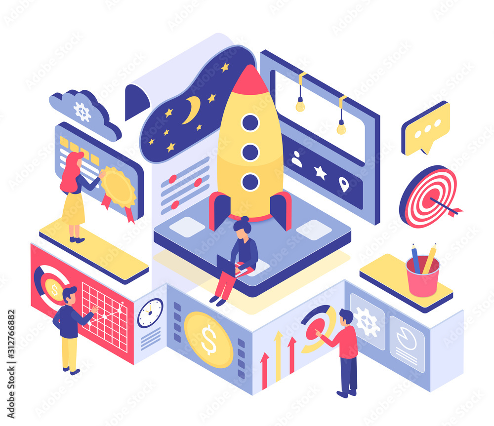 Poster start up isometric vector illustration. business development. teamwork on new corporate project. sta