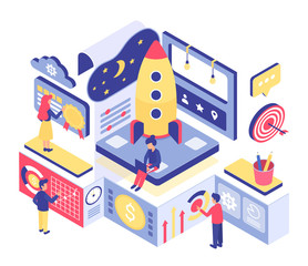 Start up isometric vector illustration. Business development. Teamwork on new corporate project. Starting company. Cryptoccurency, blockchain. Enterpreneurship cartoon conceptual design element