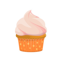 Muffin with whipped cream isolated cupcake. Vector bakery food, homemade buttercream cake