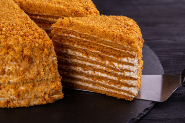 Honey cake piece with cows and cream layer