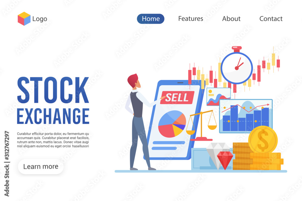 Poster Stock exchange landing page vector template. Trading website interface idea with flat illustrations. Financial service homepage layout. Accounting web banner, webpage cartoon concept