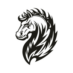 Horse head icon of black tribal animal. Wild mustang stallion or mare with curved neck and ornamental mane for tattoo, horse racing sport mascot or t-shirt print design