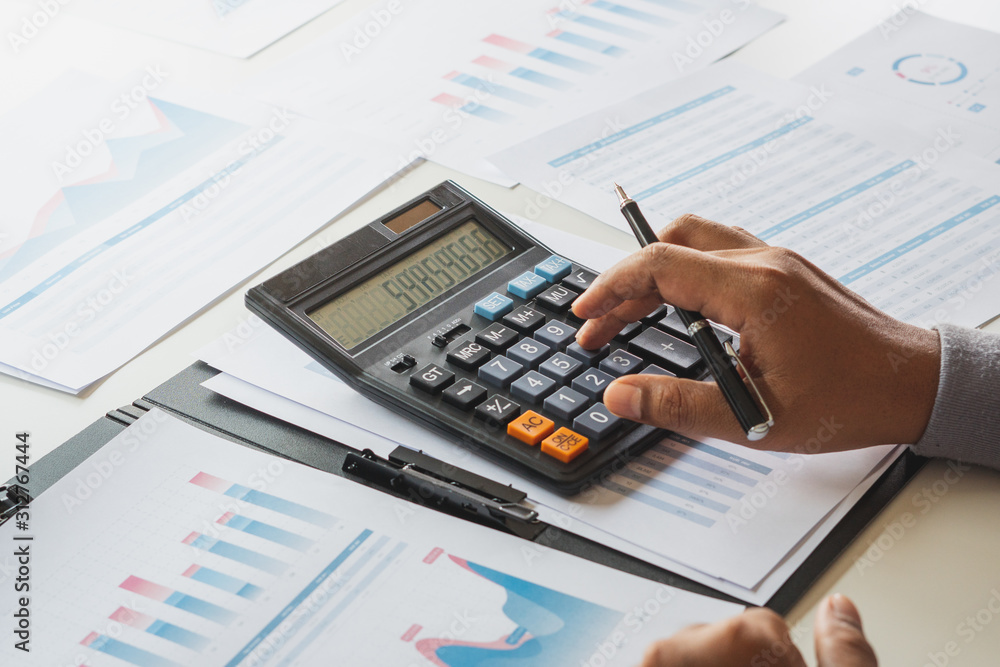 Poster businessman working calculate data document graph chart report marketing research development planni