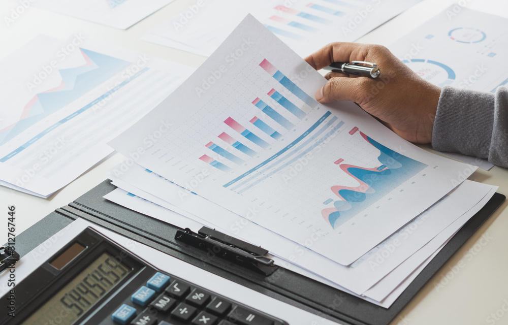Poster businessman working calculate data document graph chart report marketing research development planni