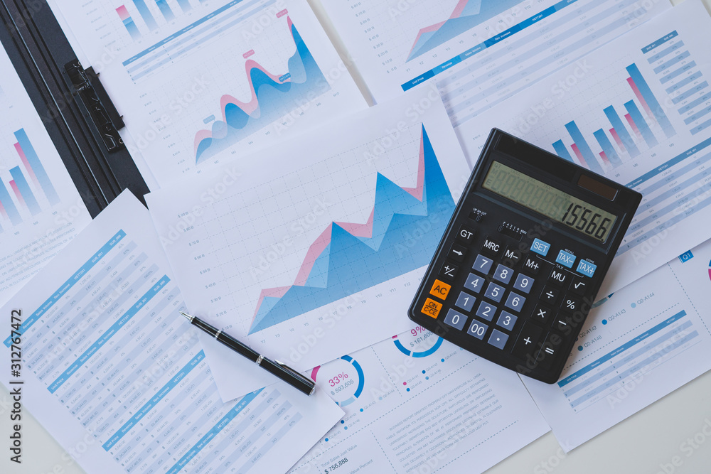 Poster businessman working calculate data document graph chart report marketing research development planni